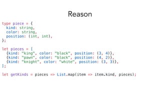 type piece = {
kind: string,
color: string,
position: (int, int),
};
let pieces = [
{kind: "king", color: "black", position: (3, 4)},
{kind: "pawn", color: "black", position: (4, 2)},
{kind: "knight", color: "white", position: (3, 3)},
];
let getKinds = pieces => List.map(item => item.kind, pieces);
Reason
 
