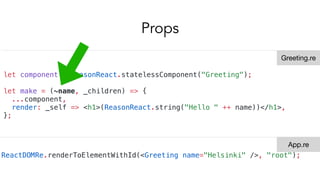 Props
let component = ReasonReact.statelessComponent("Greeting");
let make = (~name, _children) => {
...component,
render: _self => <h1>(ReasonReact.string("Hello " ++ name))</h1>,
};
ReactDOMRe.renderToElementWithId(<Greeting name="Helsinki" />, "root");
Greeting.re
App.re
 