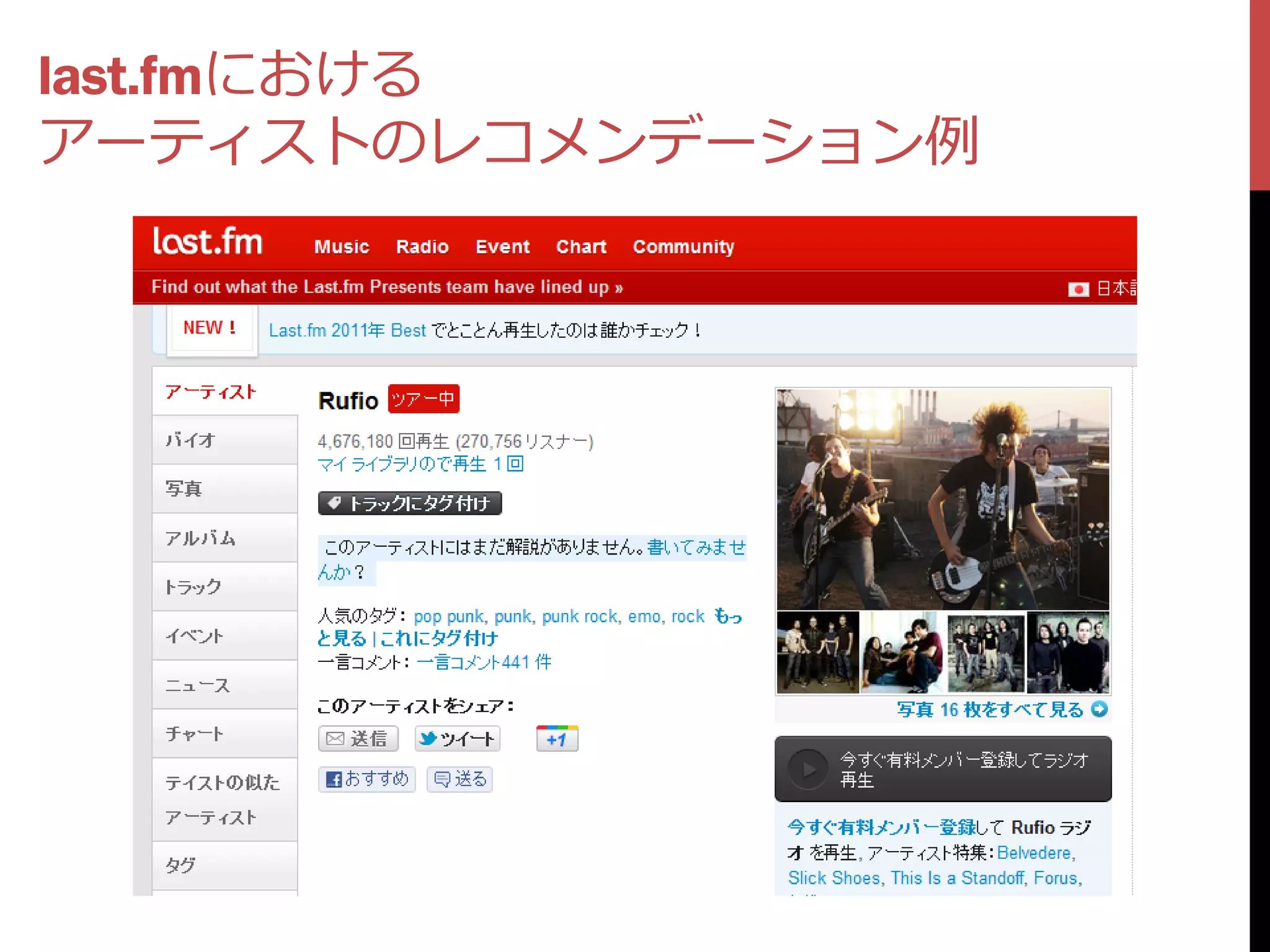 last.fmにおける
アーティストのレコメンデーション例
 