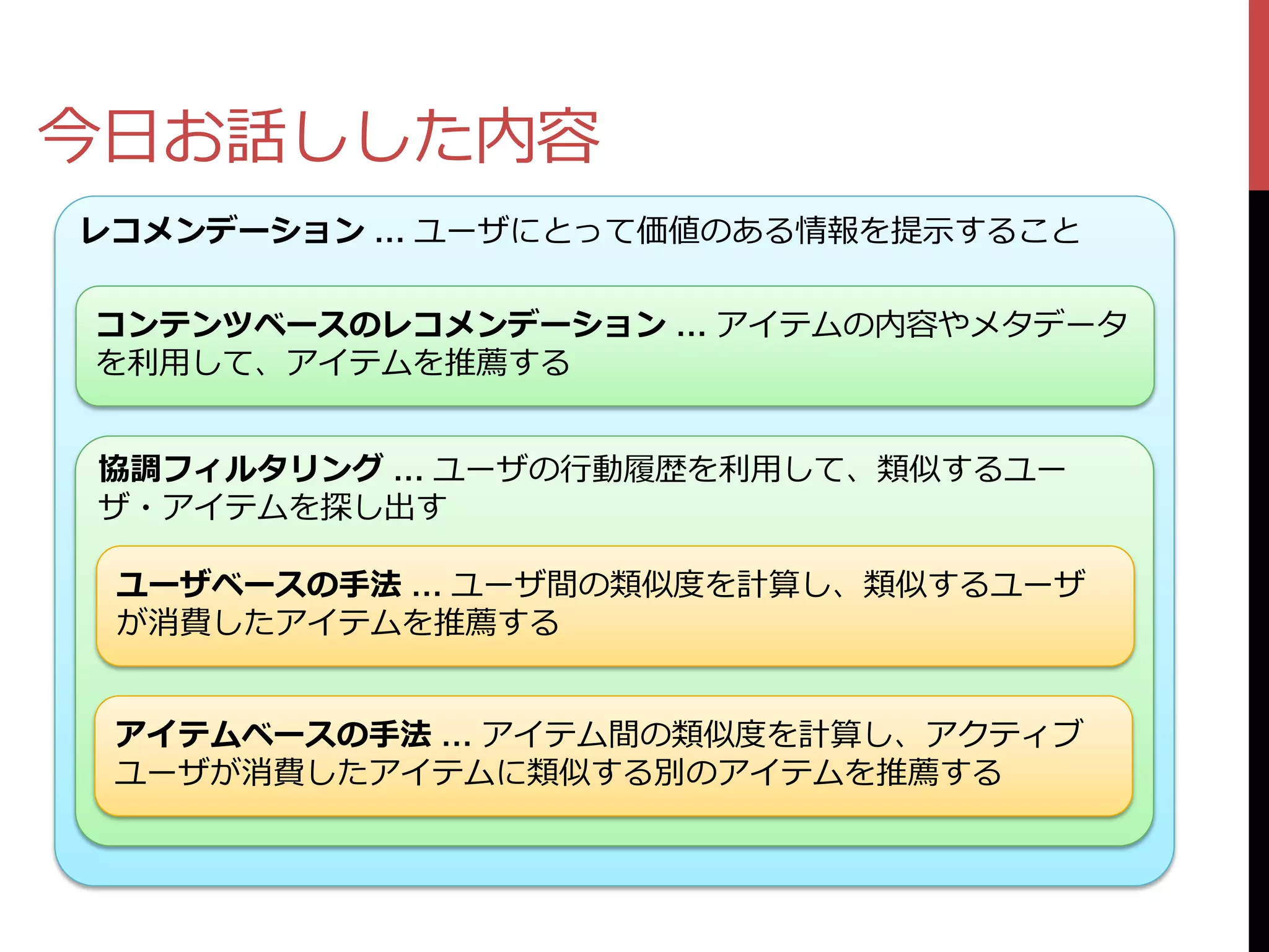 今日お話しした内容
レコメンデーション … ユーザにとって価値のある情報を提示すること

コンテンツベースのレコメンデーション … アイテムの内容やメタデータ
を利用して、アイテムを推薦する


協調フィルタリング … ユーザの行動履歴を利用して、類似するユー
ザ・アイテムを探し出す

 ユーザベースの手法 … ユーザ間の類似度を計算し、類似するユーザ
 が消費したアイテムを推薦する


 アイテムベースの手法 … アイテム間の類似度を計算し、アクティブ
 ユーザが消費したアイテムに類似する別のアイテムを推薦する
 