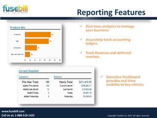 Reporting Features
                              Real time analytics to manage
                               your business.

                              Accurately track accounting
                               ledgers.

                              Track Revenue and deferred
                               revenue.




                                         Executive Dashboard
                                          provides real time
                                          visibility to key metrics.




www.fusebill.com 25, 2013
      Friday, January                                                                   15
Call Us at: 1-888-519-1425                  Copyright Fusebill Inc. 2012. All rights reserved
 