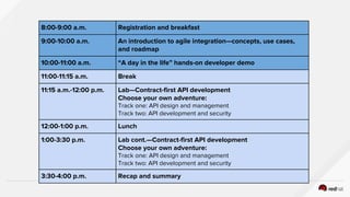 8:00-9:00 a.m. Registration and breakfast
9:00-10:00 a.m. An introduction to agile integration—concepts, use cases,
and roadmap
10:00-11:00 a.m. “A day in the life” hands-on developer demo
11:00-11:15 a.m. Break
11:15 a.m.-12:00 p.m. Lab—Contract-first API development
Choose your own adventure:
Track one: API design and management
Track two: API development and security
12:00-1:00 p.m. Lunch
1:00-3:30 p.m. Lab cont.—Contract-first API development
Choose your own adventure:
Track one: API design and management
Track two: API development and security
3:30-4:00 p.m. Recap and summary
 
