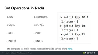 Set Operations in Redis
SADD SMEMBERS
SCARD SMOVES
SDIFF SPOP
SINTER SUNION
The complete list of set related Redis commands can be found here.
Introduction to Redis Data Structures: Sets
 