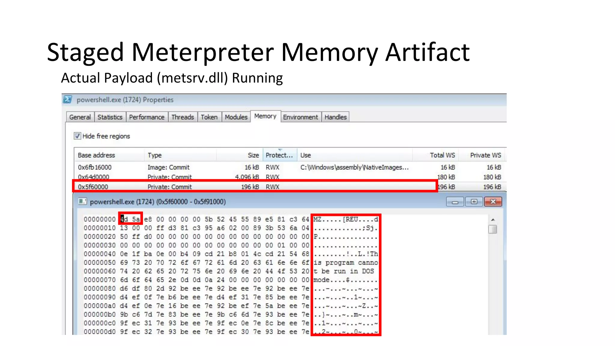 Staged Meterpreter Memory Artifact
Actual Payload (metsrv.dll) Running
 
