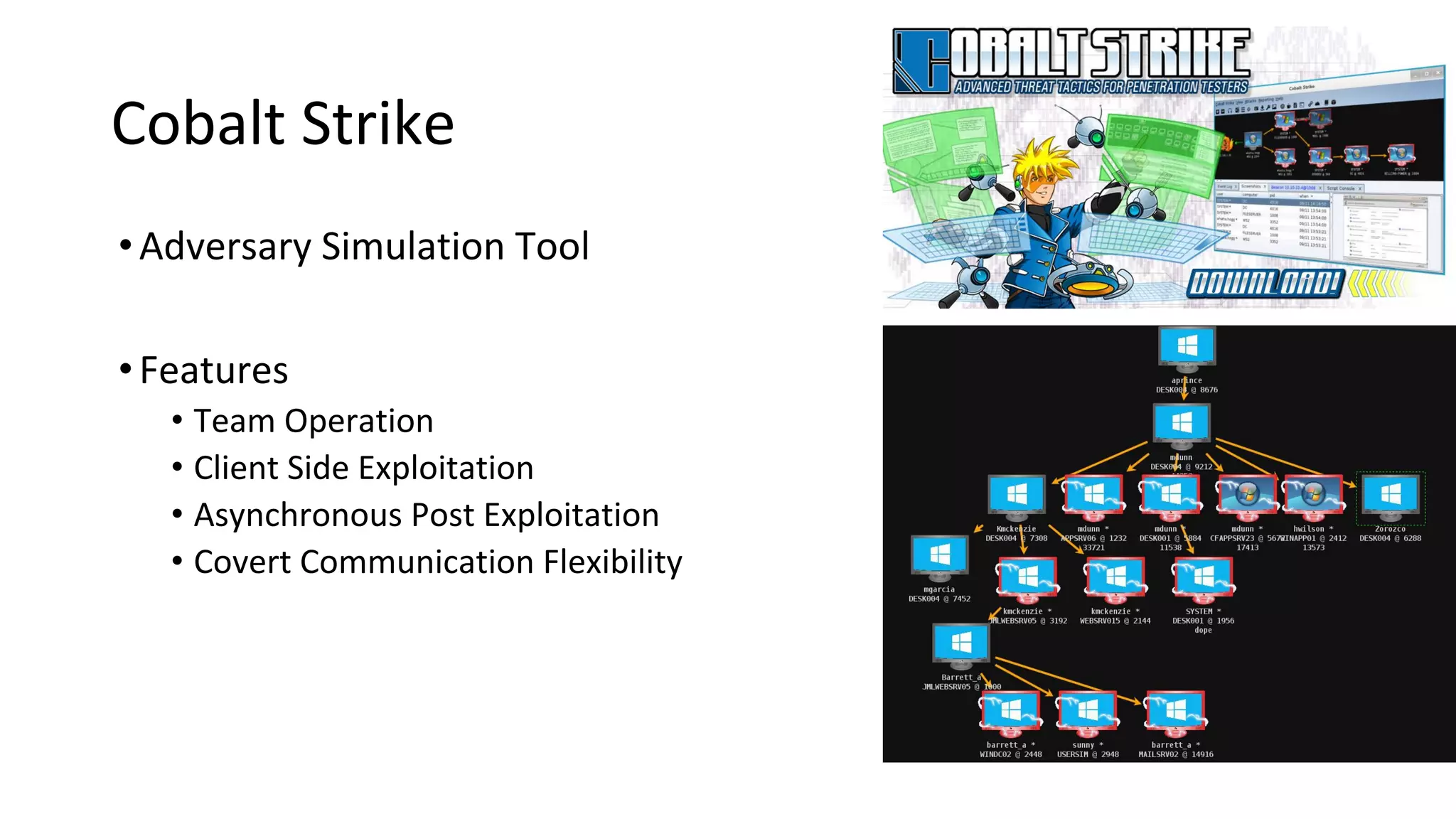 Cobalt Strike
•Adversary Simulation Tool
•Features
• Team Operation
• Client Side Exploitation
• Asynchronous Post Exploitation
• Covert Communication Flexibility
 