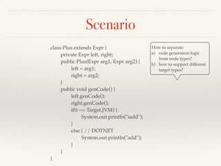 Scenario
How to separate:
a) code generation logic
from node types?
b) how to support different
target types?
class Plus extends Expr {
private Expr left, right;
public Plus(Expr arg1, Expr arg2) {
left = arg1;
right = arg2;
}
public void genCode() {
left.genCode();
right.genCode();
if(t == Target.JVM) {
System.out.println("iadd");
}
else { // DOTNET
System.out.println("add");
}
}
}
 