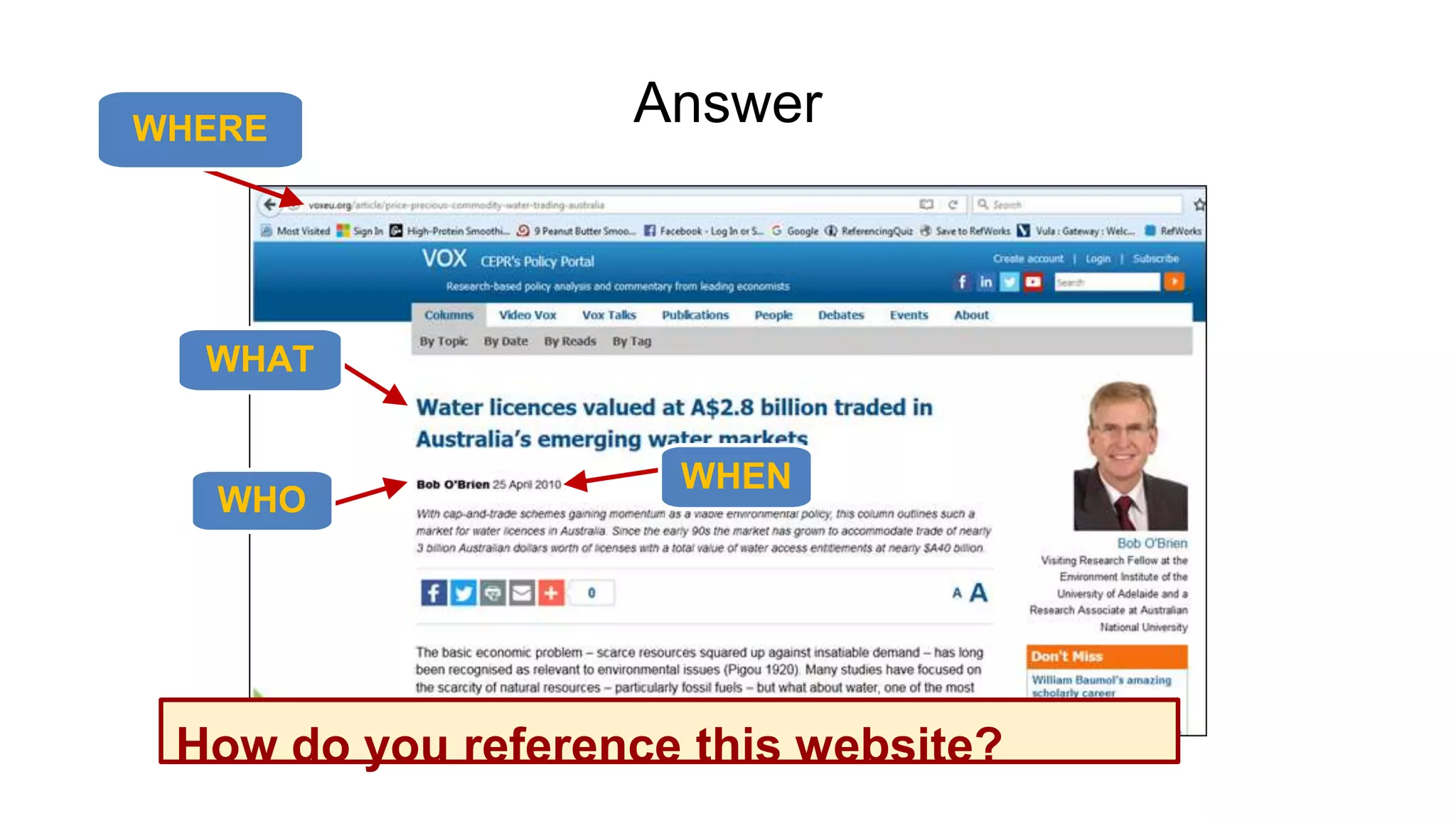 Answer
How do you reference this website?
WHO
WHEN
WHAT
WHERE
 