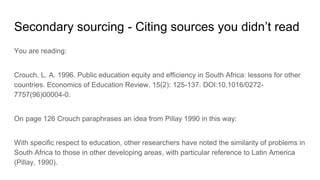 Secondary sourcing - Citing sources you didn’t read
You are reading:
Crouch, L. A. 1996. Public education equity and efficiency in South Africa: lessons for other
countries. Economics of Education Review. 15(2): 125-137. DOI:10.1016/0272-
7757(96)00004-0.
On page 126 Crouch paraphrases an idea from Pillay 1990 in this way:
With specific respect to education, other researchers have noted the similarity of problems in
South Africa to those in other developing areas, with particular reference to Latin America
(Pillay, 1990).
 