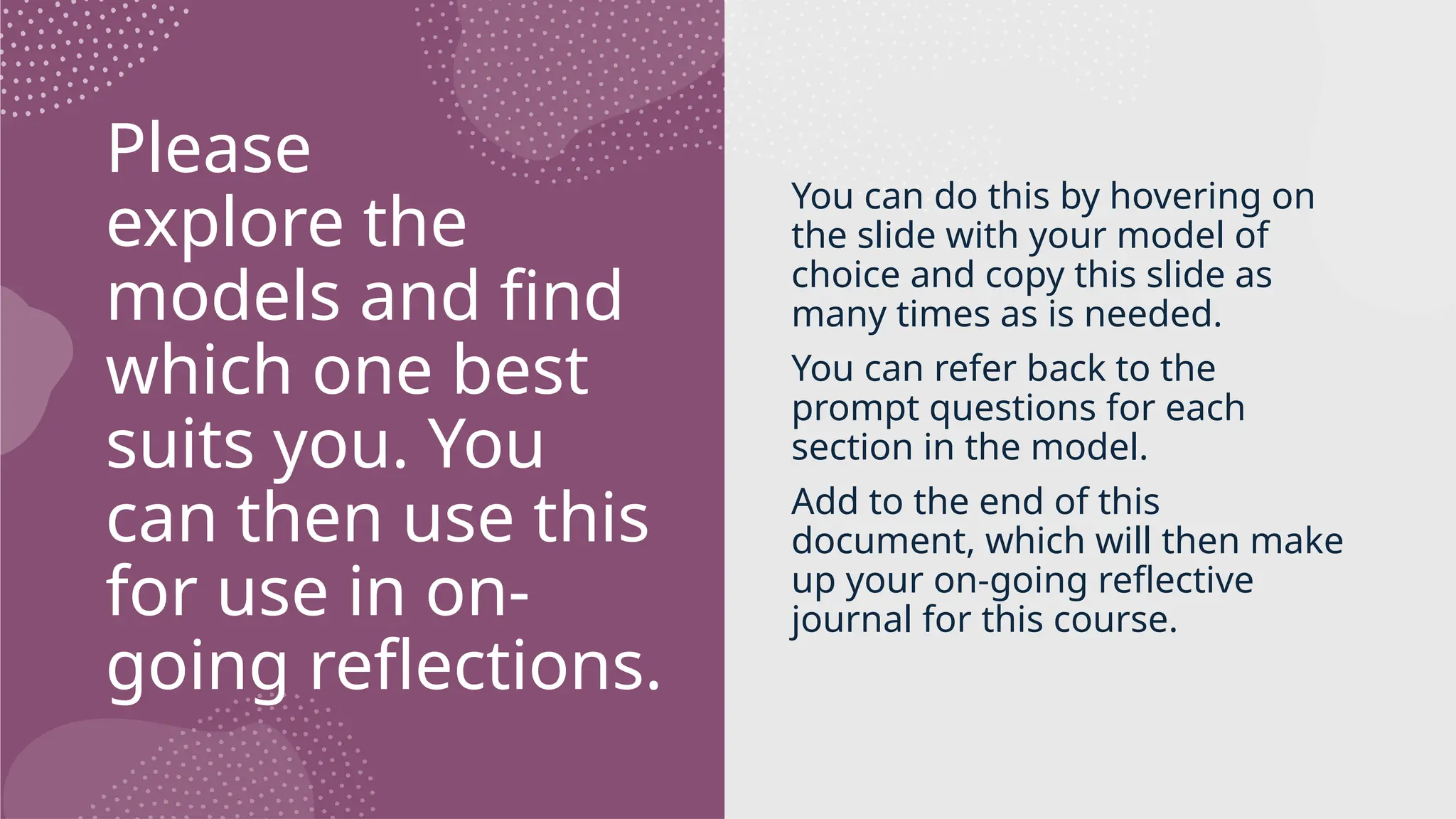 Please
explore the
models and find
which one best
suits you. You
can then use this
for use in on-
going reflections.
You can do this by hovering on
the slide with your model of
choice and copy this slide as
many times as is needed.
You can refer back to the
prompt questions for each
section in the model.
Add to the end of this
document, which will then make
up your on-going reflective
journal for this course.
 