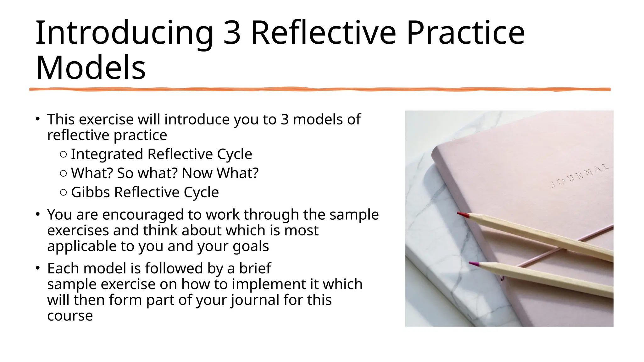 Introducing 3 Reflective Practice
Models
• This exercise will introduce you to 3 models of
reflective practice
o Integrated Reflective Cycle
o What? So what? Now What?
o Gibbs Reflective Cycle
• You are encouraged to work through the sample
exercises and think about which is most
applicable to you and your goals
• Each model is followed by a brief
sample exercise on how to implement it which
will then form part of your journal for this
course
 