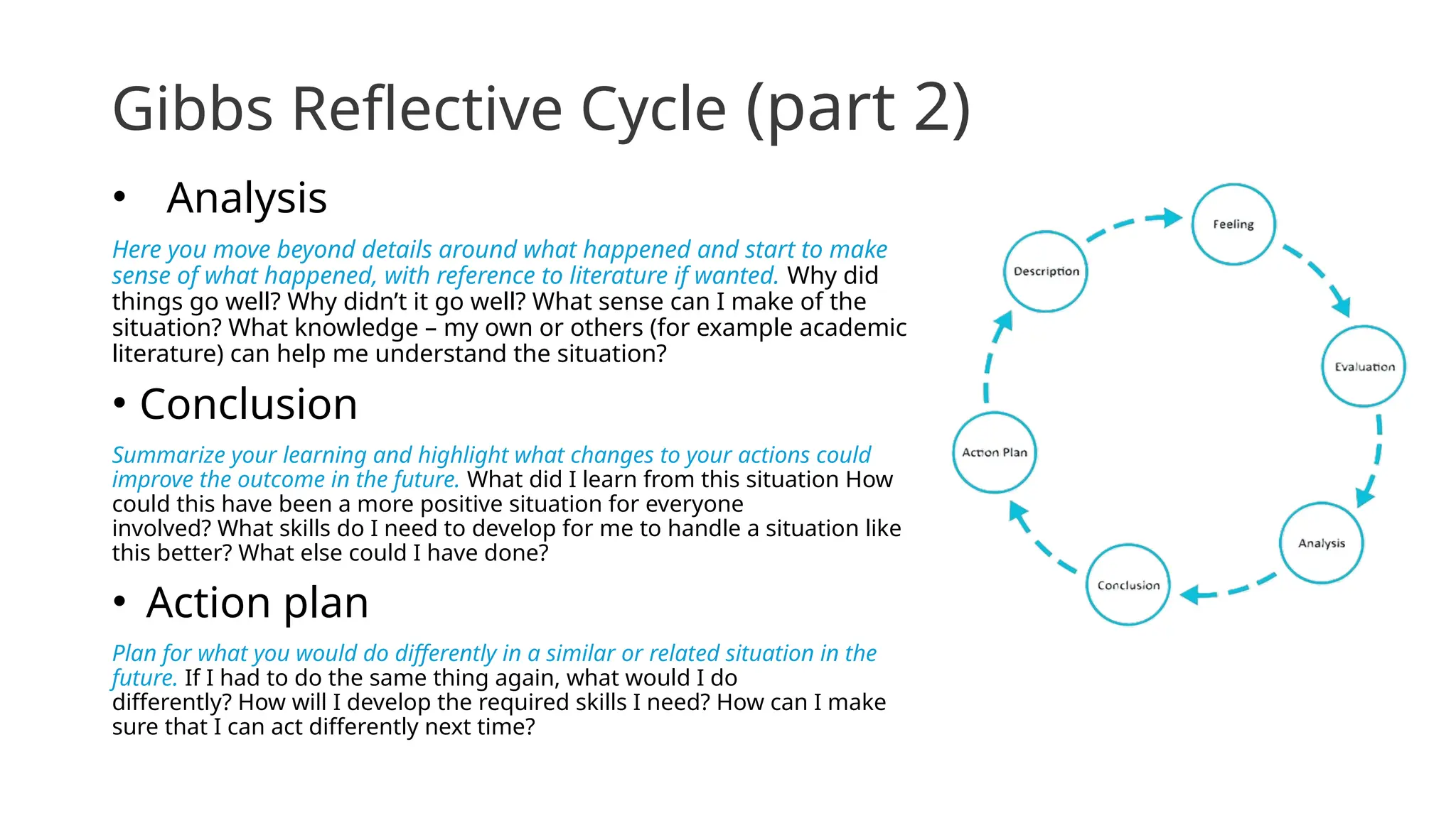 Gibbs Reflective Cycle (part 2)
• Analysis
Here you move beyond details around what happened and start to make
sense of what happened, with reference to literature if wanted. Why did
things go well? Why didn’t it go well? What sense can I make of the
situation? What knowledge – my own or others (for example academic
literature) can help me understand the situation?
• Conclusion
Summarize your learning and highlight what changes to your actions could
improve the outcome in the future. What did I learn from this situation How
could this have been a more positive situation for everyone
involved? What skills do I need to develop for me to handle a situation like
this better? What else could I have done?
• Action plan
Plan for what you would do differently in a similar or related situation in the
future. If I had to do the same thing again, what would I do
differently? How will I develop the required skills I need? How can I make
sure that I can act differently next time?
 