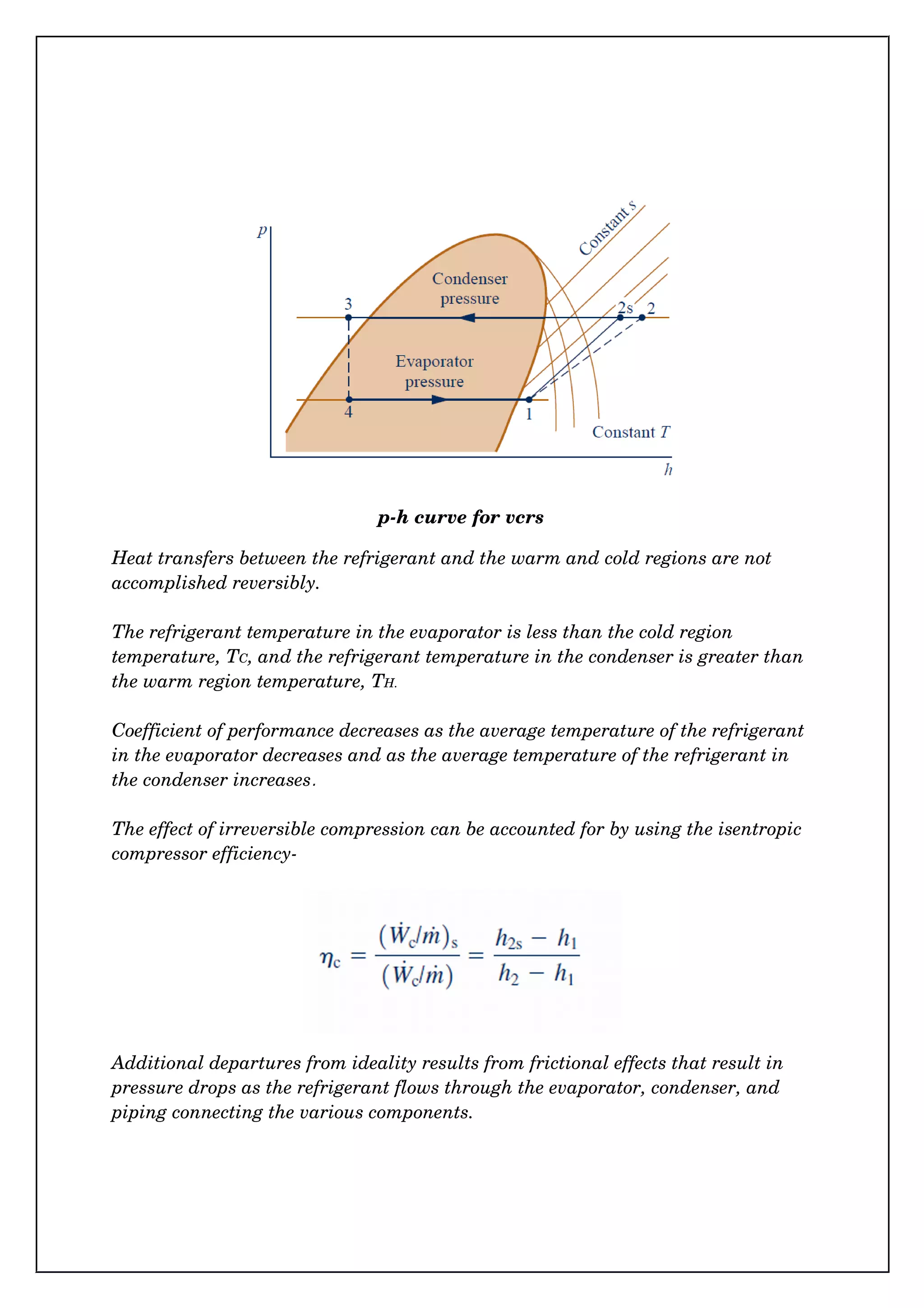 p­h curve for vcrs
Heat transfers between the refrigerant and the warm and cold regions are not 
accomplished reversibly.
The refrigerant temperature in the evaporator is less than the cold region 
temperature, TC, and the refrigerant temperature in the condenser is greater than 
the warm region temperature, TH.
Coefficient of performance decreases as the average temperature of the refrigerant 
in the evaporator decreases and as the average temperature of the refrigerant in 
the condenser increases.
The effect of irreversible compression can be accounted for by using the isentropic 
compressor efficiency­
Additional departures from ideality results from frictional effects that result in 
pressure drops as the refrigerant flows through the evaporator, condenser, and 
piping connecting the various components.
 
