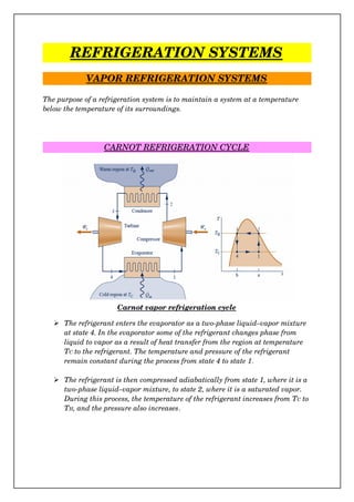 REFRIGERATION SYSTEMS
VAPOR REFRIGERATION SYSTEMS
The purpose of a refrigeration system is to maintain a system at a temperature 
below the temperature of its surroundings.
CARNOT REFRIGERATION CYCLE
Carnot vapor refrigeration cycle
 The refrigerant enters the evaporator as a two­phase liquid–vapor mixture 
at state 4. In the evaporator some of the refrigerant changes phase from 
liquid to vapor as a result of heat transfer from the region at temperature 
TC to the refrigerant. The temperature and pressure of the refrigerant 
remain constant during the process from state 4 to state 1.
 The refrigerant is then compressed adiabatically from state 1, where it is a 
two­phase liquid–vapor mixture, to state 2, where it is a saturated vapor. 
During this process, the temperature of the refrigerant increases from TC to
TH, and the pressure also increases.
 