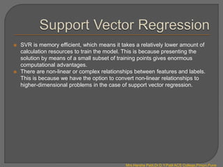  SVR is memory efficient, which means it takes a relatively lower amount of
calculation resources to train the model. This is because presenting the
solution by means of a small subset of training points gives enormous
computational advantages.
 There are non-linear or complex relationships between features and labels.
This is because we have the option to convert non-linear relationships to
higher-dimensional problems in the case of support vector regression.
Mrs.Harsha Patil,Dr.D.Y.Patil ACS College,Pimpri,Pune
 