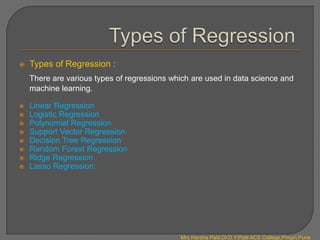  Types of Regression :
There are various types of regressions which are used in data science and
machine learning.
 Linear Regression
 Logistic Regression
 Polynomial Regression
 Support Vector Regression
 Decision Tree Regression
 Random Forest Regression
 Ridge Regression
 Lasso Regression:
Mrs.Harsha Patil,Dr.D.Y.Patil ACS College,Pimpri,Pune
 