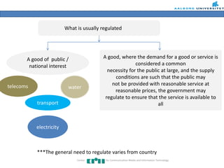 What is usually regulated
A good of public /
national interest
A good, where the demand for a good or service is
considered a common
necessity for the public at large, and the supply
conditions are such that the public may
not be provided with reasonable service at
reasonable prices, the government may
regulate to ensure that the service is available to
all
telecoms water
transport
electricity
***The general need to regulate varies from country to country
Centre for Communication Media and Information Technology
 