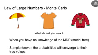 Law of Large Numbers - Monte Carlo
When you have no knowledge of the MDP (model free)
Sample forever, the probabilities will converge to their
true values
What should you wear?
 