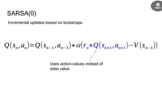 SARSA(0)
Incremental updates based on bootstraps
Uses action-values instead of
state value
 
