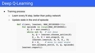 ● Training process
○ Learn every N step, better than policy network
○ Update state in the end of episode
Deep Q-Learning
 