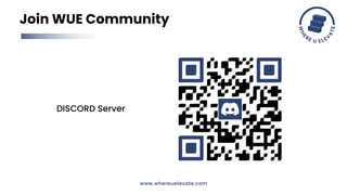 Join WUE Community
DISCORD Server
www.whereuelevate.com
 