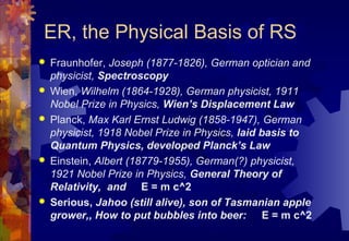 ER, the Physical Basis of RS
   Fraunhofer, Joseph (1877-1826), German optician and
    physicist, Spectroscopy
   Wien, Wilhelm (1864-1928), German physicist, 1911
    Nobel Prize in Physics, Wien’s Displacement Law
   Planck, Max Karl Ernst Ludwig (1858-1947), German
    physicist, 1918 Nobel Prize in Physics, laid basis to
    Quantum Physics, developed Planck’s Law
   Einstein, Albert (18779-1955), German(?) physicist,
    1921 Nobel Prize in Physics, General Theory of
    Relativity, and E = m c^2
   Serious, Jahoo (still alive), son of Tasmanian apple
    grower,, How to put bubbles into beer: E = m c^2
 