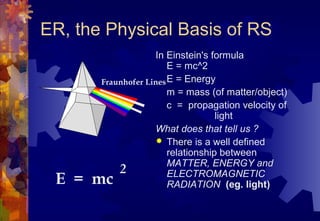 ER, the Physical Basis of RS
                    In Einstein's formula
                        E = mc^2
       Fraunhofer Lines E = Energy
                        m = mass (of matter/object)
                        c = propagation velocity of
                                    light
                    What does that tell us ?
                     There is a well defined
                        relationship between
                        MATTER, ENERGY and
           2            ELECTROMAGNETIC
 E = mc                 RADIATION (eg. light)
 