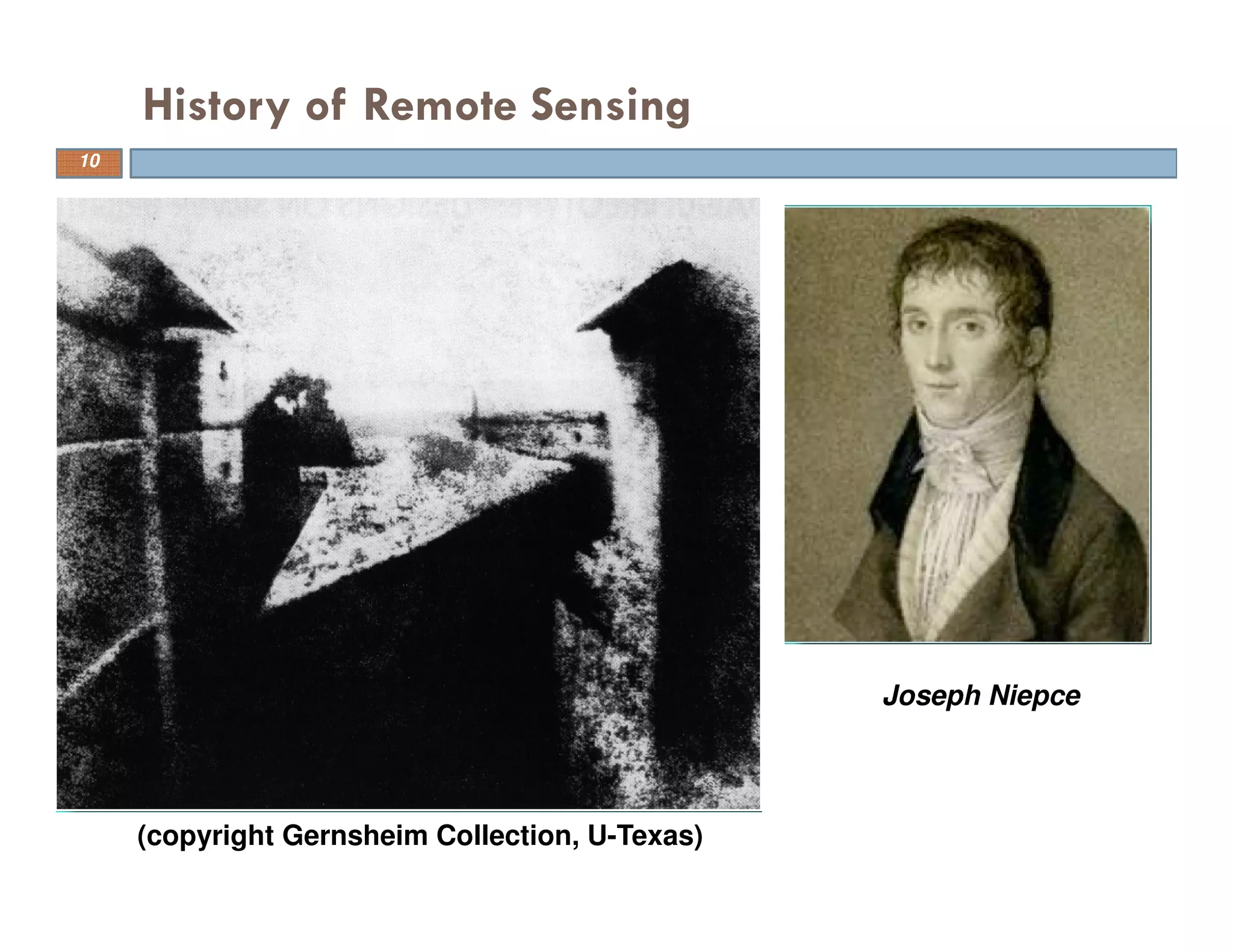 History of Remote Sensing
10
Joseph Niepce
(copyright Gernsheim Collection, U-Texas)
 