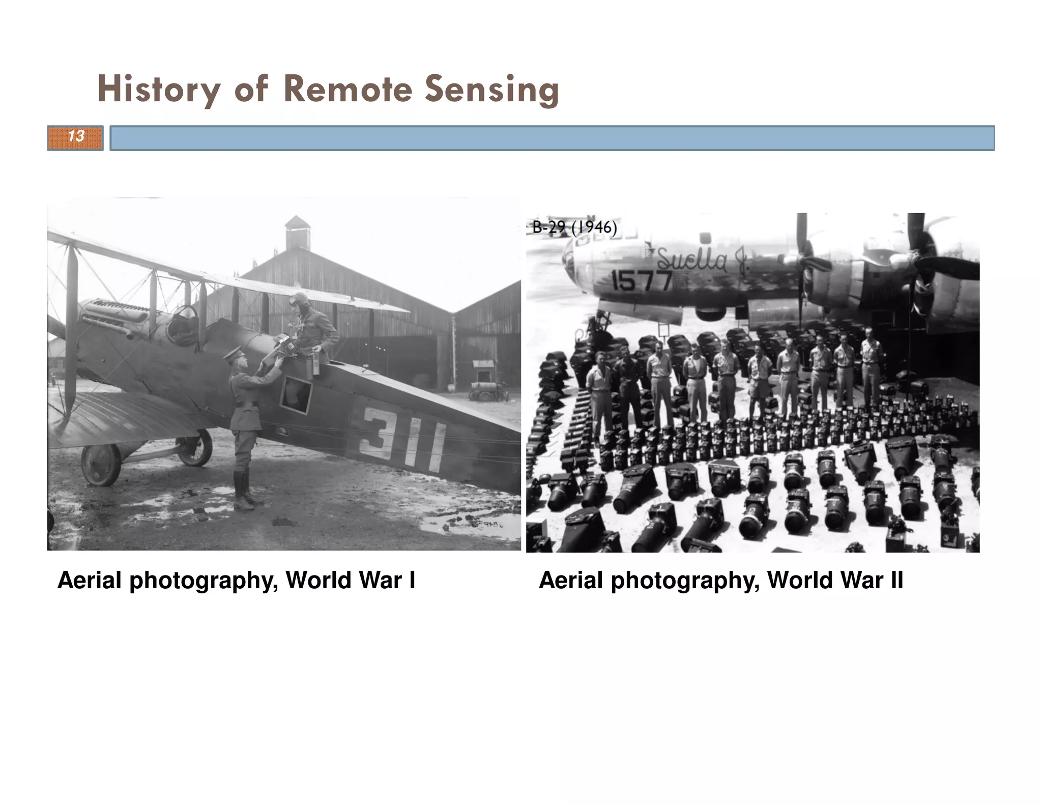 History of Remote Sensing
Aerial photography, World War I Aerial photography, World War II
13
 
