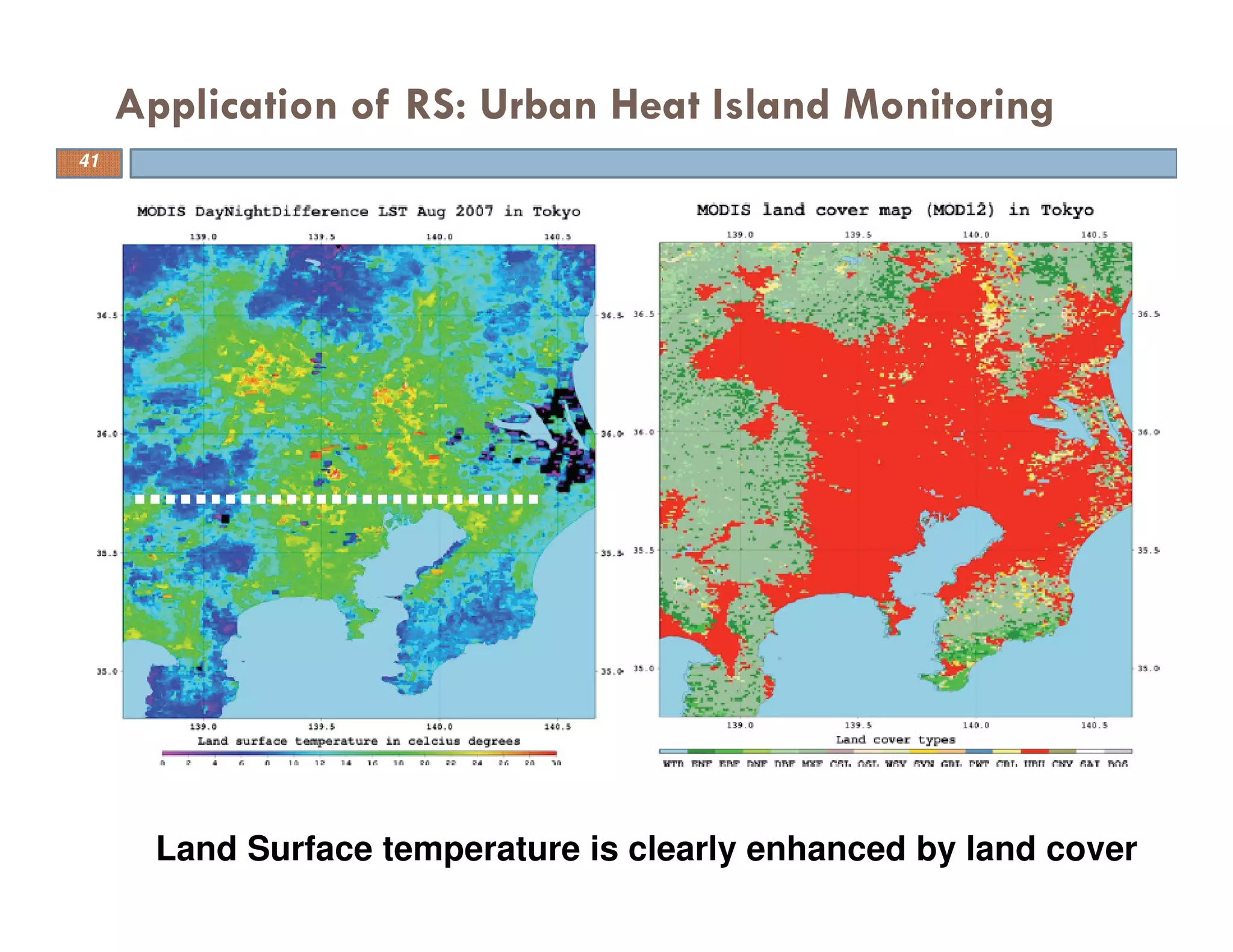 Application of RS: Urban Heat Island Monitoring
Land Surface temperature is clearly enhanced by land cover
41
 