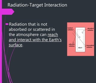 Radiation-Target Interaction
Radiation that is not
absorbed or scattered in
the atmosphere can reach
and interact with the Earth's
surface.
 