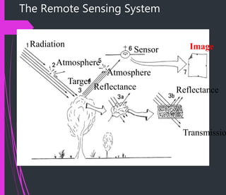The Remote Sensing System
Radiation
Atmosphere
Target
Reflectance
Atmosphere
Sensor
Transmissio
Reflectance
Image
 