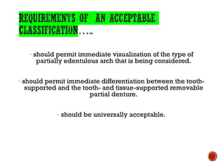 · should permit immediate visualization of the type of
partially edentulous arch that is being considered.
· should permit immediate differentiation between the tooth-
supported and the tooth- and tissue-supported removable
partial denture.
· should be universally acceptable.
 