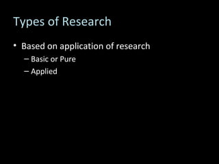 Types of Research Based on application of research Basic or Pure Applied 