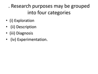 . Research purposes may be grouped
into four categories
•
•
•
•

(i) Exploration
(ii) Description
(iii) Diagnosis
(iv) Experimentation.

 