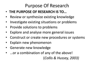 Purpose Of Research
•
•
•
•
•
•
•
•
•

THE PURPOSE OF RESEARCH IS TO…
Review or synthesize existing knowledge
Investigate existing situations or problems
Provide solutions to problems
Explore and analyse more general issues
Construct or create new procedures or systems
Explain new phenomenon
Generate new knowledge
…or a combination of any of the above!
(Collis & Hussey, 2003)

 