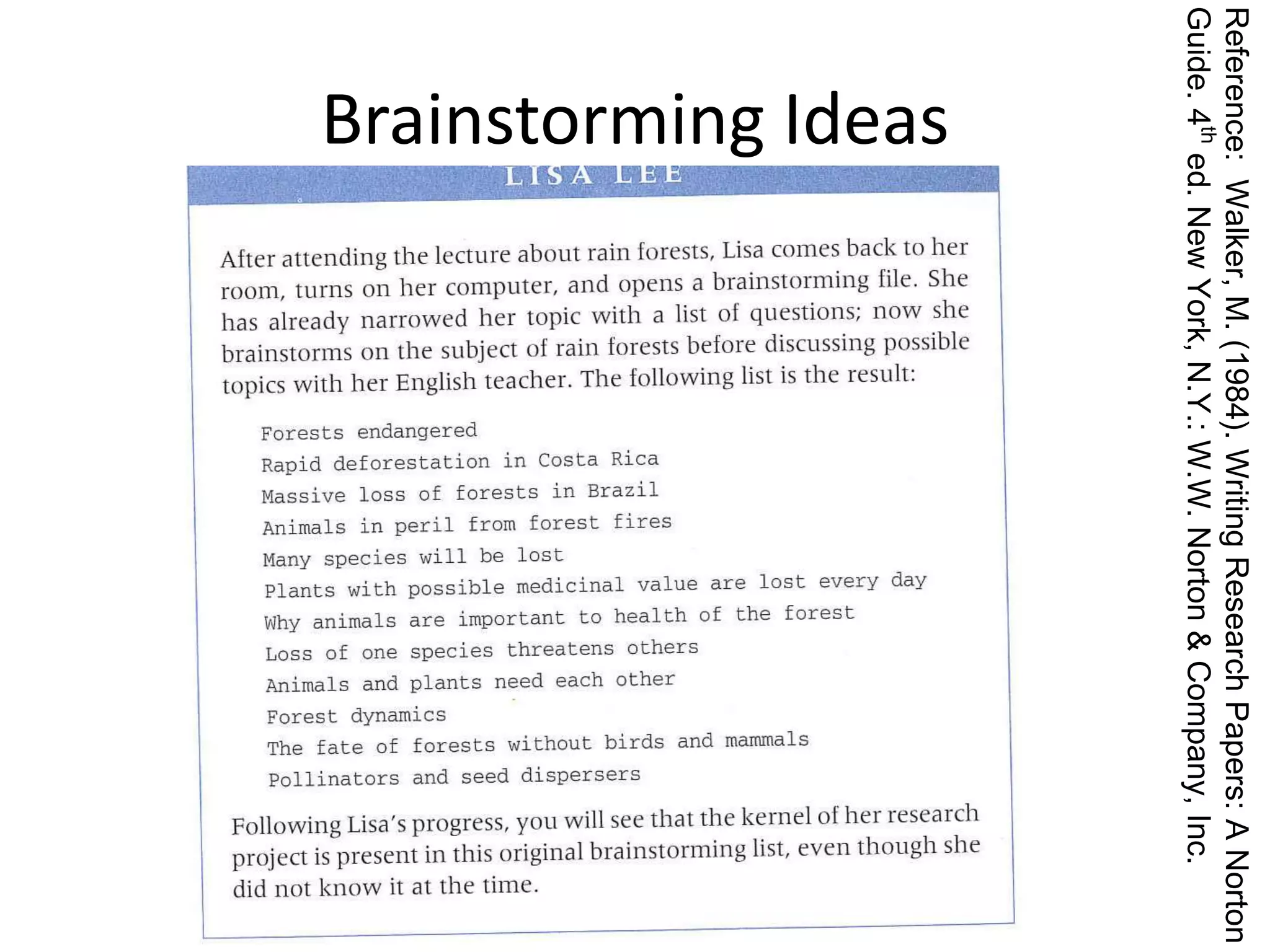 Reference: Walker, M. (1984). Writing Research Papers: A Norton 
Guide. 4th ed. New York, N.Y.: W.W. Norton & Company, Inc. 
Brainstorming Ideas 
 