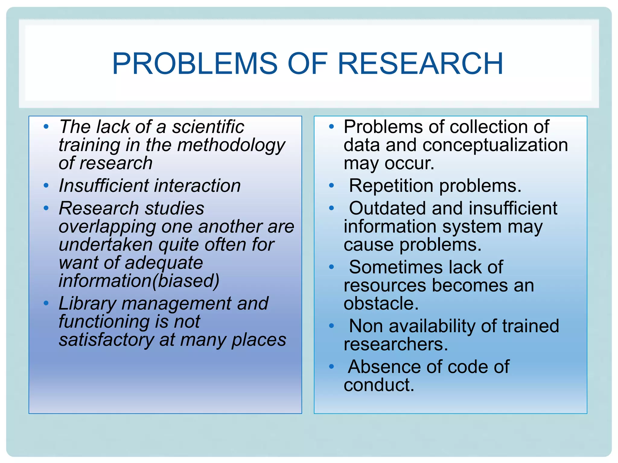PROBLEMS OF RESEARCH
• The lack of a scientific
training in the methodology
of research
• Insufficient interaction
• Research studies
overlapping one another are
undertaken quite often for
want of adequate
information(biased)
• Library management and
functioning is not
satisfactory at many places
• Problems of collection of
data and conceptualization
may occur.
• Repetition problems.
• Outdated and insufficient
information system may
cause problems.
• Sometimes lack of
resources becomes an
obstacle.
• Non availability of trained
researchers.
• Absence of code of
conduct.
 