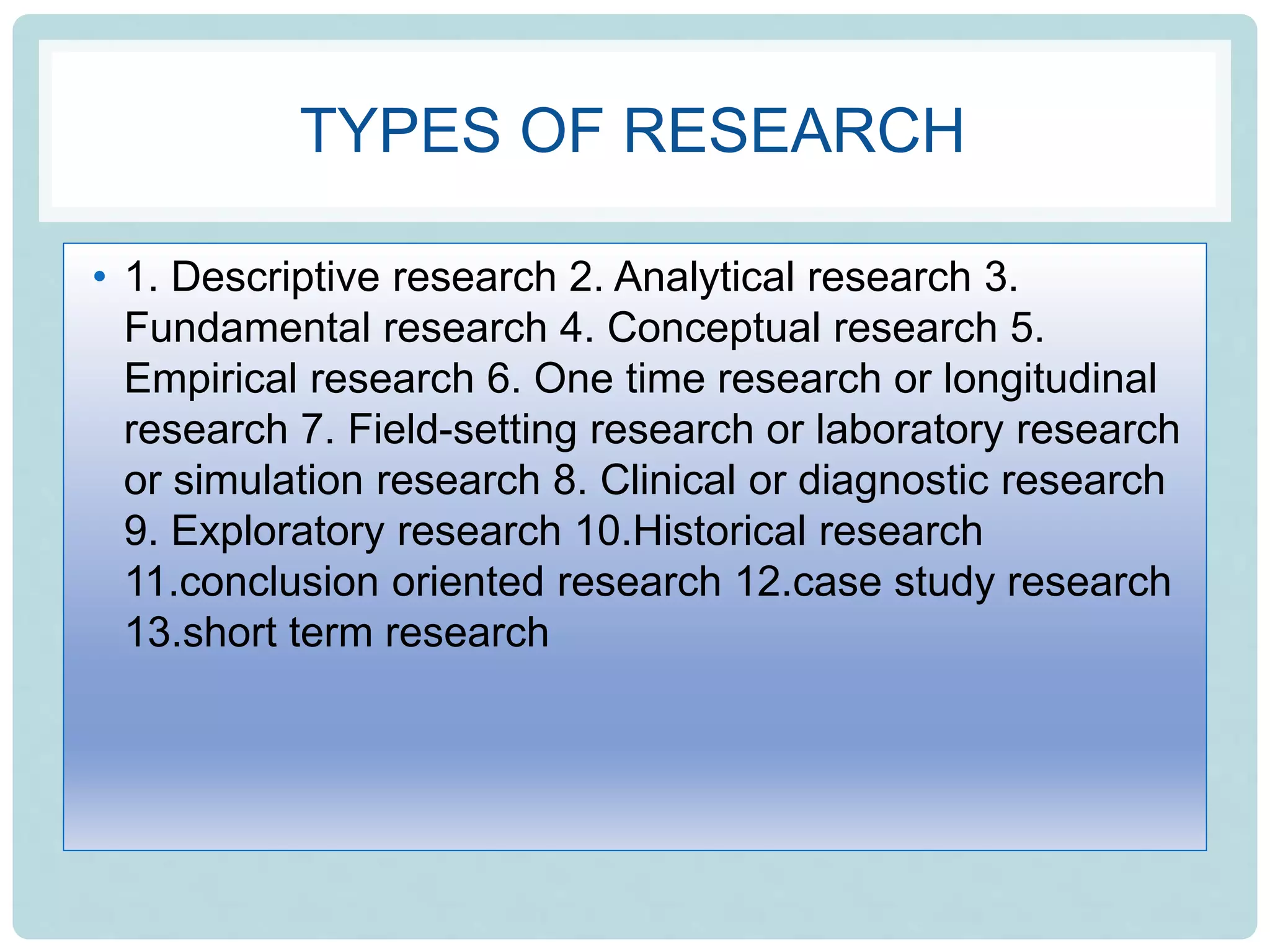 TYPES OF RESEARCH
• 1. Descriptive research 2. Analytical research 3.
Fundamental research 4. Conceptual research 5.
Empirical research 6. One time research or longitudinal
research 7. Field-setting research or laboratory research
or simulation research 8. Clinical or diagnostic research
9. Exploratory research 10.Historical research
11.conclusion oriented research 12.case study research
13.short term research
 