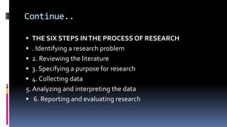 Continue..
 THE SIX STEPS INTHE PROCESS OF RESEARCH
 . Identifying a research problem
 2. Reviewing the literature
 3. Specifying a purpose for research
 4. Collecting data
5. Analyzing and interpreting the data
 6. Reporting and evaluating research
 