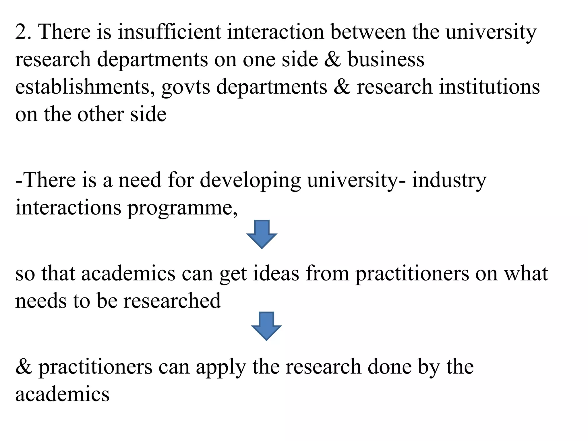 2. There is insufficient interaction between the university
research departments on one side & business
establishments, govts departments & research institutions
on the other side
-There is a need for developing university- industry
interactions programme,
so that academics can get ideas from practitioners on what
needs to be researched
& practitioners can apply the research done by the
academics
 