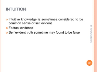 INTUITION
 Intuitive knowledge is sometimes considered to be
common sense or self evident
 Factual evidence
 Self evident truth sometime may found to be false
Dr.
Kishorkumar
Sorathia
22
 