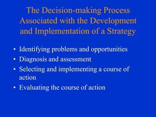 The Decision-making Process
Associated with the Development
and Implementation of a Strategy
• Identifying problems and opportunities
• Diagnosis and assessment
• Selecting and implementing a course of
action
• Evaluating the course of action

 