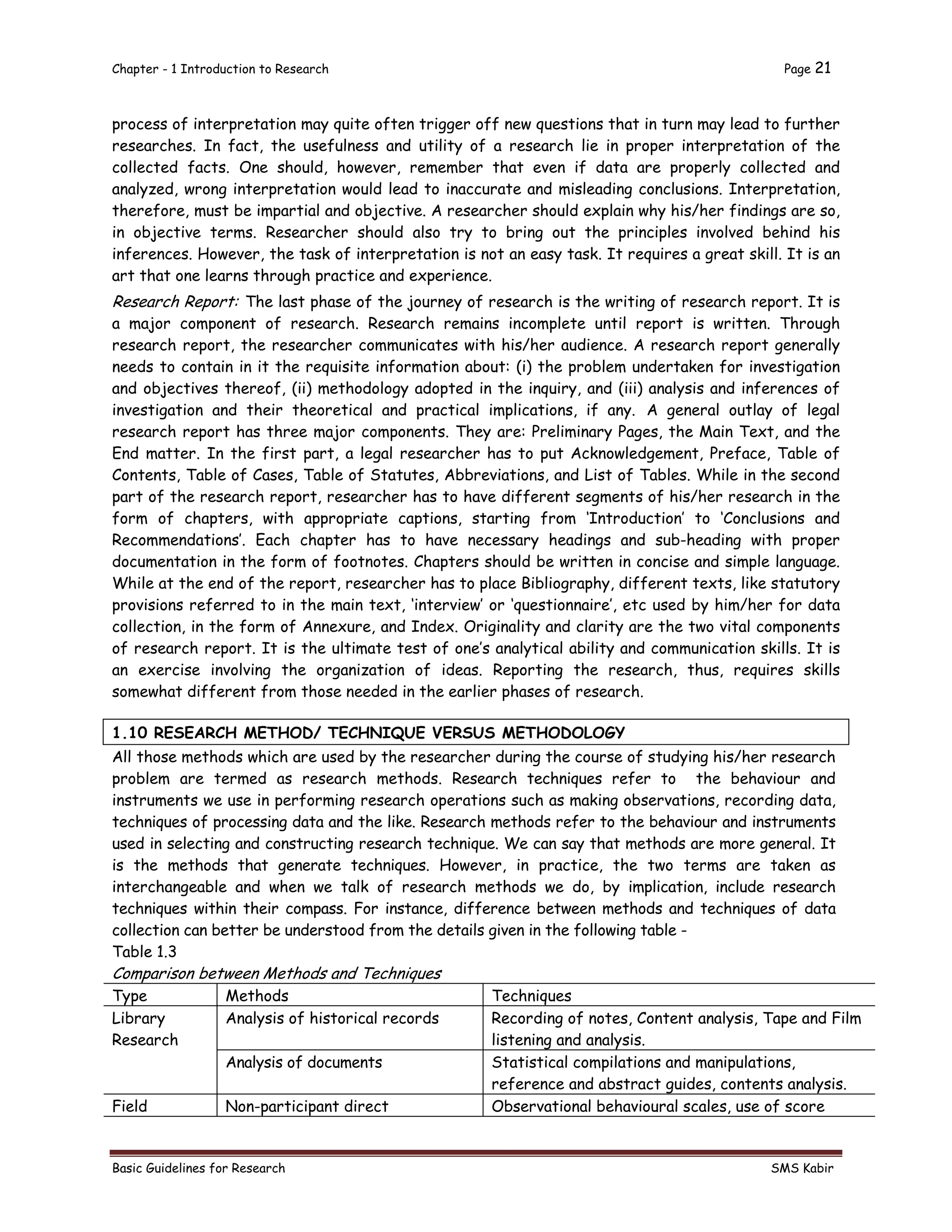 Chapter - 1 Introduction to Research Page 21
Basic Guidelines for Research SMS Kabir
process of interpretation may quite often trigger off new questions that in turn may lead to further
researches. In fact, the usefulness and utility of a research lie in proper interpretation of the
collected facts. One should, however, remember that even if data are properly collected and
analyzed, wrong interpretation would lead to inaccurate and misleading conclusions. Interpretation,
therefore, must be impartial and objective. A researcher should explain why his/her findings are so,
in objective terms. Researcher should also try to bring out the principles involved behind his
inferences. However, the task of interpretation is not an easy task. It requires a great skill. It is an
art that one learns through practice and experience.
Research Report: The last phase of the journey of research is the writing of research report. It is
a major component of research. Research remains incomplete until report is written. Through
research report, the researcher communicates with his/her audience. A research report generally
needs to contain in it the requisite information about: (i) the problem undertaken for investigation
and objectives thereof, (ii) methodology adopted in the inquiry, and (iii) analysis and inferences of
investigation and their theoretical and practical implications, if any. A general outlay of legal
research report has three major components. They are: Preliminary Pages, the Main Text, and the
End matter. In the first part, a legal researcher has to put Acknowledgement, Preface, Table of
Contents, Table of Cases, Table of Statutes, Abbreviations, and List of Tables. While in the second
part of the research report, researcher has to have different segments of his/her research in the
form of chapters, with appropriate captions, starting from ‘Introduction’ to ‘Conclusions and
Recommendations’. Each chapter has to have necessary headings and sub-heading with proper
documentation in the form of footnotes. Chapters should be written in concise and simple language.
While at the end of the report, researcher has to place Bibliography, different texts, like statutory
provisions referred to in the main text, ‘interview’ or ‘questionnaire’, etc used by him/her for data
collection, in the form of Annexure, and Index. Originality and clarity are the two vital components
of research report. It is the ultimate test of one’s analytical ability and communication skills. It is
an exercise involving the organization of ideas. Reporting the research, thus, requires skills
somewhat different from those needed in the earlier phases of research.
1.10 RESEARCH METHOD/ TECHNIQUE VERSUS METHODOLOGY
All those methods which are used by the researcher during the course of studying his/her research
problem are termed as research methods. Research techniques refer to the behaviour and
instruments we use in performing research operations such as making observations, recording data,
techniques of processing data and the like. Research methods refer to the behaviour and instruments
used in selecting and constructing research technique. We can say that methods are more general. It
is the methods that generate techniques. However, in practice, the two terms are taken as
interchangeable and when we talk of research methods we do, by implication, include research
techniques within their compass. For instance, difference between methods and techniques of data
collection can better be understood from the details given in the following table -
Table 1.3
Comparison between Methods and Techniques
Type Methods Techniques
Library
Research
Analysis of historical records Recording of notes, Content analysis, Tape and Film
listening and analysis.
Analysis of documents Statistical compilations and manipulations,
reference and abstract guides, contents analysis.
Field Non-participant direct Observational behavioural scales, use of score
 