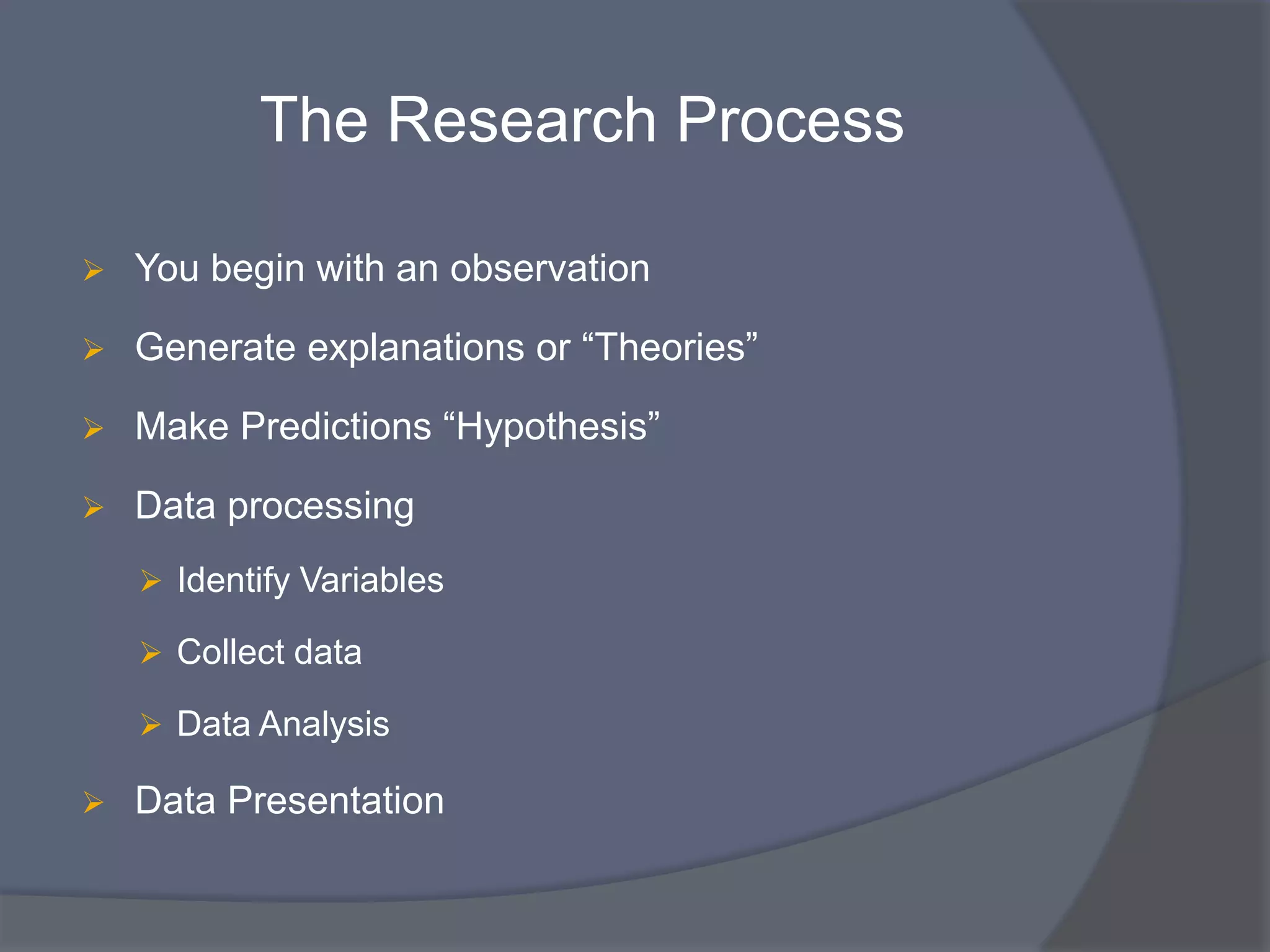 The Research Process
 You begin with an observation
 Generate explanations or “Theories”
 Make Predictions “Hypothesis”
 Data processing
 Identify Variables
 Collect data
 Data Analysis
 Data Presentation
 