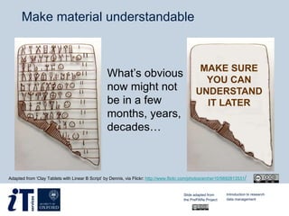 Make material understandable
What’s obvious
now might not
be in a few
months, years,
decades…
Adapted from ‘Clay Tablets with Linear B Script’ by Dennis, via Flickr: http://www.flickr.com/photos/archer10/5692813531/
MAKE SURE
YOU CAN
UNDERSTAND
IT LATER
Slide adapted from
the PrePARe Project
Introduction to research
data management
 