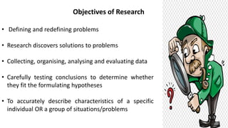 Objectives of Research
• Defining and redefining problems
• Research discovers solutions to problems
• Collecting, organising, analysing and evaluating data
• Carefully testing conclusions to determine whether
they fit the formulating hypotheses
• To accurately describe characteristics of a specific
individual OR a group of situations/problems
 