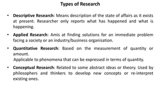 Types of Research
• Descriptive Research: Means description of the state of affairs as it exists
at present. Researcher only reports what has happened and what is
happening.
• Applied Research: Amis at finding solutions for an immediate problem
facing a society or an industry/business organisation.
• Quantitative Research: Based on the measurement of quantity or
amount.
Applicable to phenomena that can be expressed in terms of quantity.
• Conceptual Research: Related to some abstract ideas or theory. Used by
philosophers and thinkers to develop new concepts or re-interpret
existing ones.
 