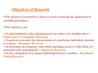 Objectives of Research
The purpose of research is to discover answers through the application of
scientific procedures.
The objectives are:
To gain familiarity with a phenomenon or to achieve new insights into it –
Exploratory or Formulative Research.
To portray accurately the characteristics of a particular individual, situation
or a group – Descriptive Research.
To determine the frequency with which something occurs or with which it is
associated with something else – Diagnostic Research.
To test a hypothesis of a causal relationship between variables – Hypothesis-
Testing Research.
 