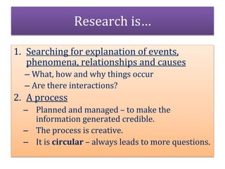 Research is…
1. Searching for explanation of events,
phenomena, relationships and causes
– What, how and why things occur
– Are there interactions?
2. A process
– Planned and managed – to make the
information generated credible.
– The process is creative.
– It is circular – always leads to more questions.
 