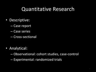 Quantitative Research Descriptive: Case report Case series Cross-sectional Analytical: Observational: cohort studies, case-control Experimental: randomized trials 